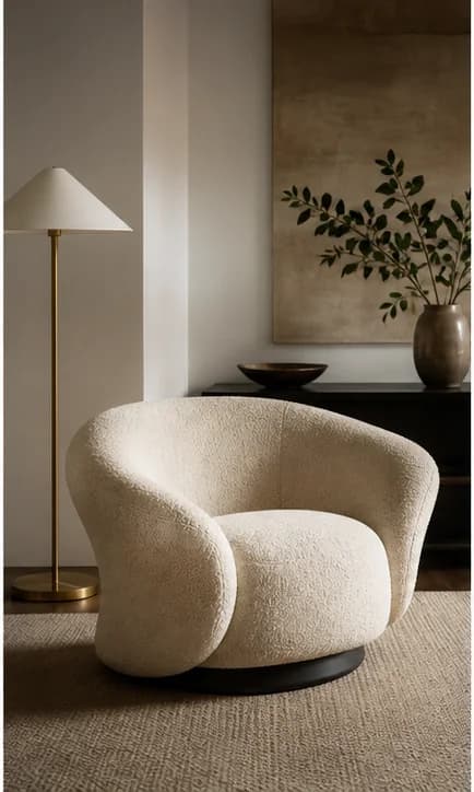 Modern living room with boucle chair and lamp