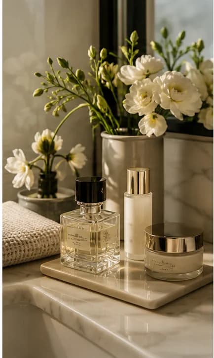 Perfume and skincare products on a vanity
