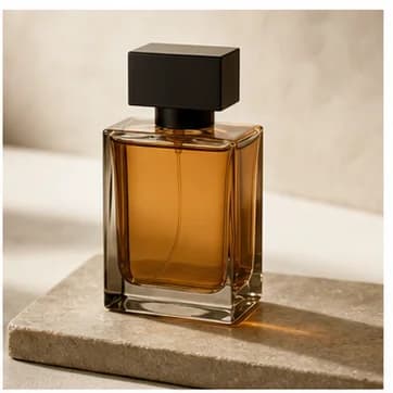 Amber perfume bottle on a warm luxury studio backdrop