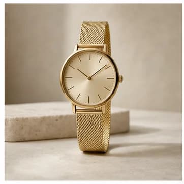 Minimalist gold wristwatch on a warm stone background