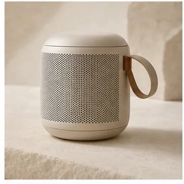 Compact portable speaker with woven texture and leather strap