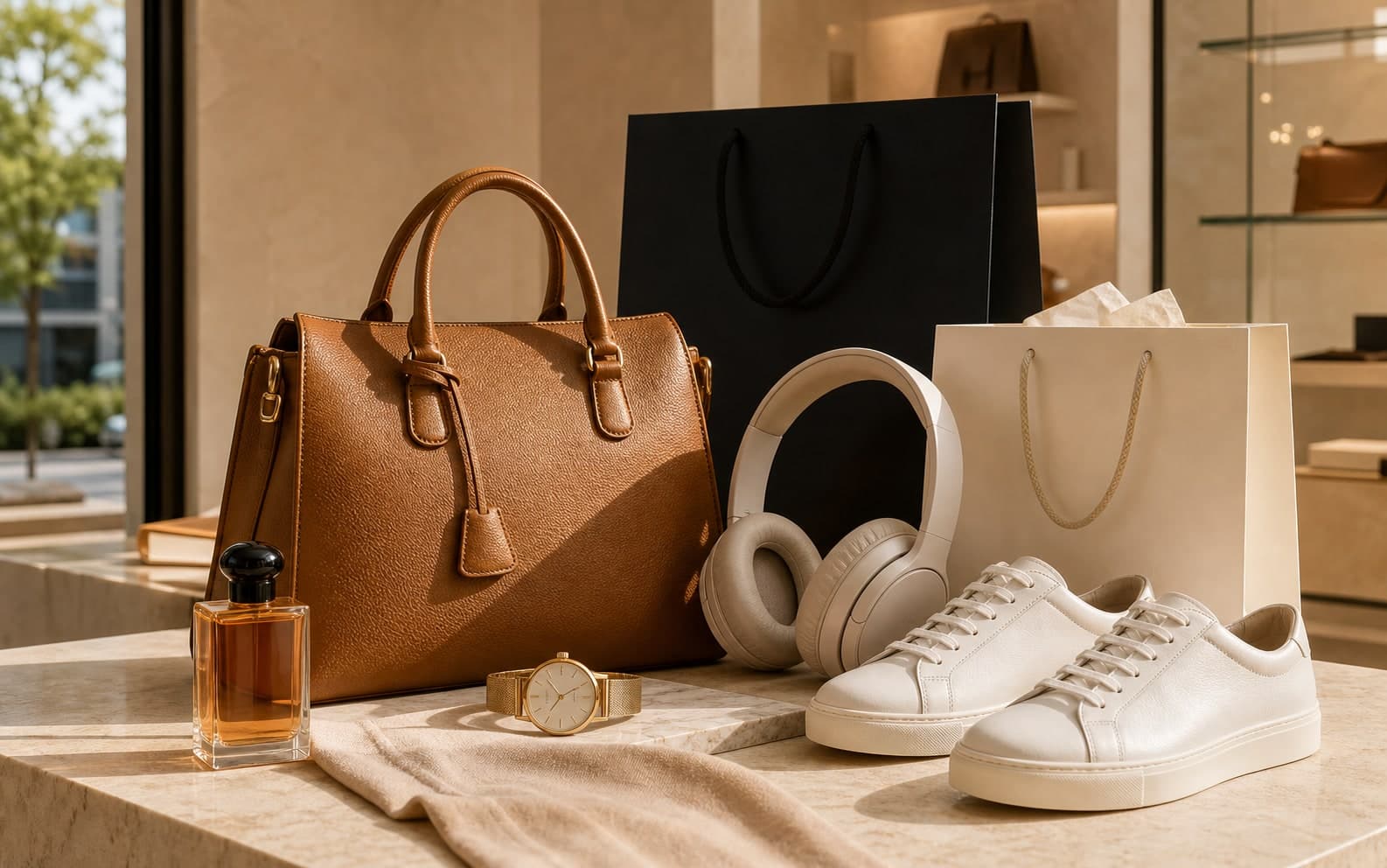 Premium retail products including handbag, sneakers, headphones, watch and perfume