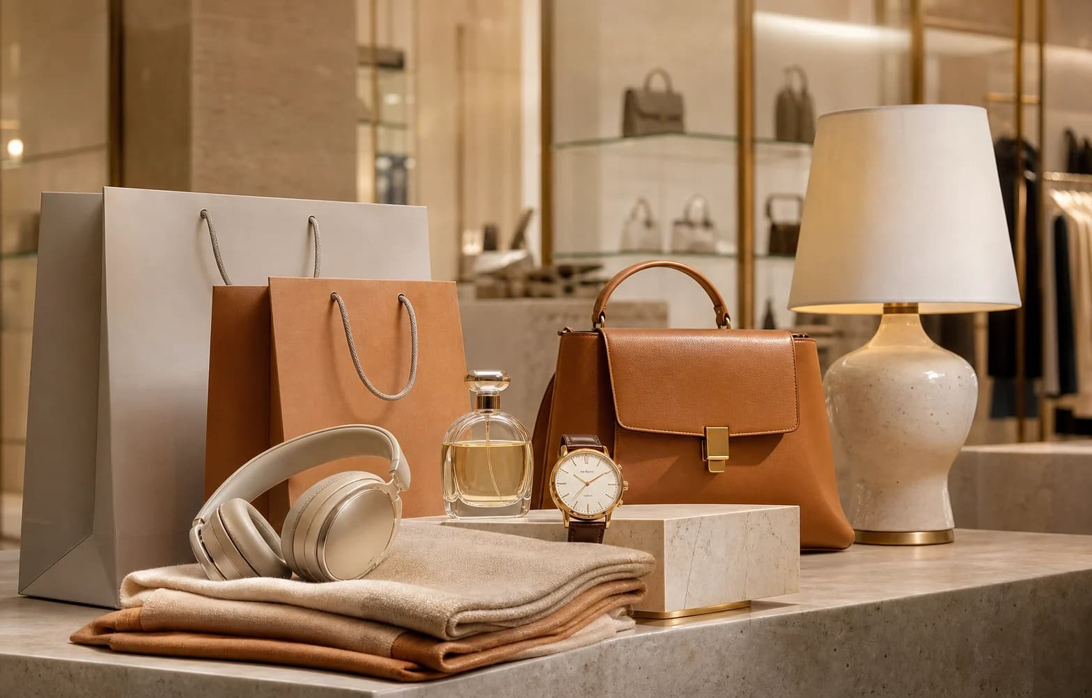 Premium seasonal retail promotion with shopping bags, handbag, watch, perfume, headphones, and lamp
